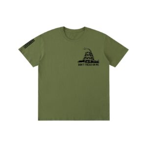 Gadsden Flag T-Shirt: Olive green short-sleeve t-shirt featuring a black coiled rattlesnake graphic with the text "DON'T TREAD ON ME" printed on the left chest and a distressed American flag graphic on the right sleeve.
